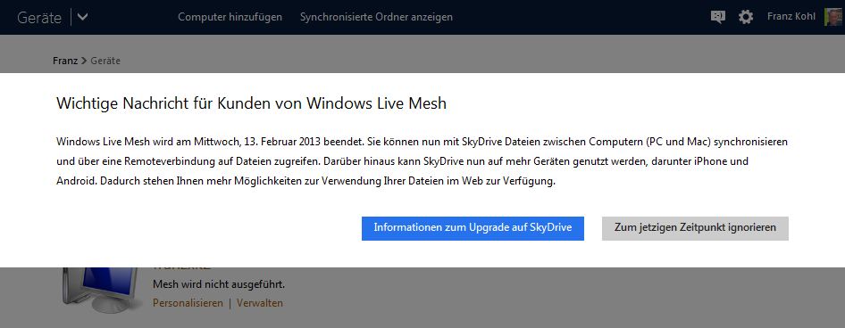 Dialog: Wichtige Nachricht für Windows Live Mesh Kunden - WLM wird am 13.02.13 beendet