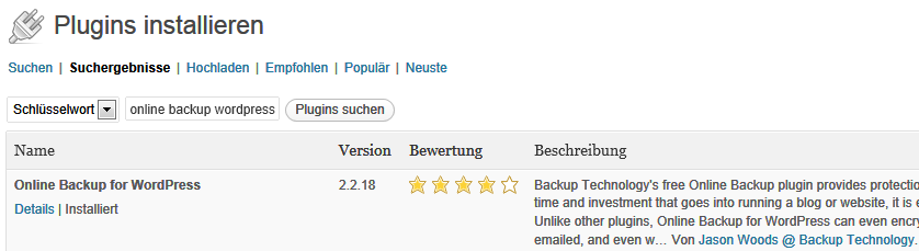 Screenshot WordPress-Plugin-Verzeichnis - Suche nach Online Backup for WordPress