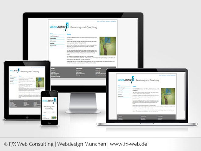 Screenshot www.alice-john.de - Responsive Web Design auf vier verschiedenen Bildschirmgrößen