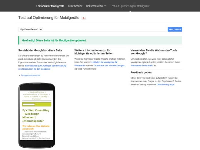 Screenshot Google: Diese Seite ist für Mobilgeräte optimiert