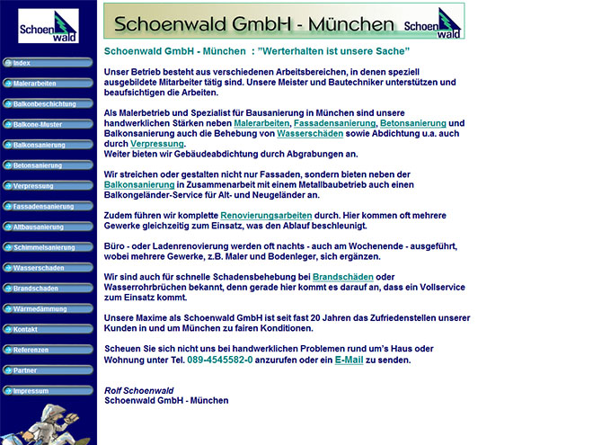 Die Website der Schoenwald GmbH München bis September 2012