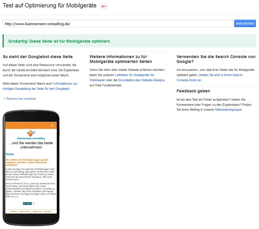 Screenshot Google Mobile-Friendly-Test für kuennemann-consulting.de