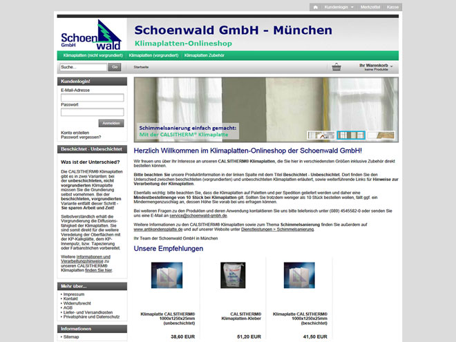 Screenshot des neuen Klimaplatten-Onlineshops der Schoenwald GmbH in München auf www.antikondensplatte.de/shop