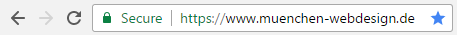 Screenshot Browser-Adressleiste mit SECURE-Vermerk: www.muenchen-webdesign.de ab sofort nur noch per SSL/HTTPS erreichbar