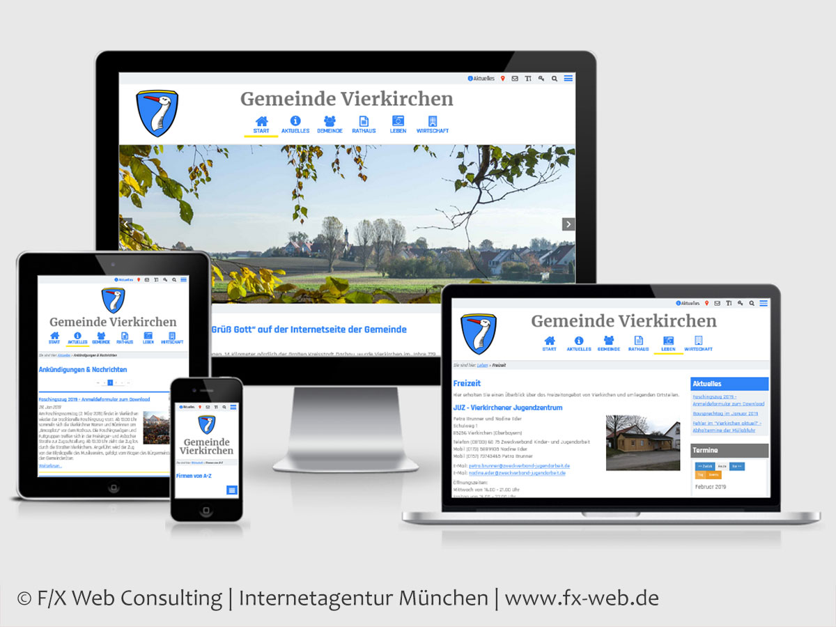 Screenshot: Relaunch der Website www.vierkirchen.de im Februar 2019 - Kundenreferenz aus der Branche Öffentliche Verwaltung