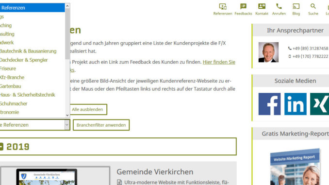 Screenshot: Neuer Branchenfilter für unsere Kundenreferenzen