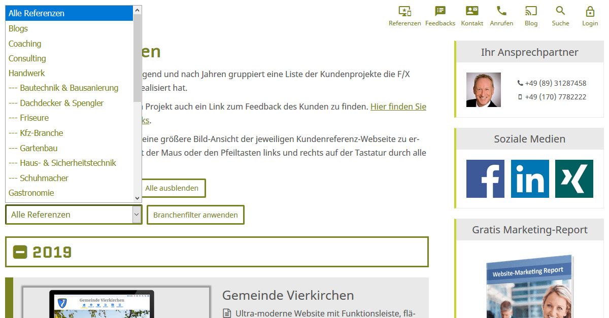 Screenshot: Neuer Branchenfilter für unsere Kundenreferenzen