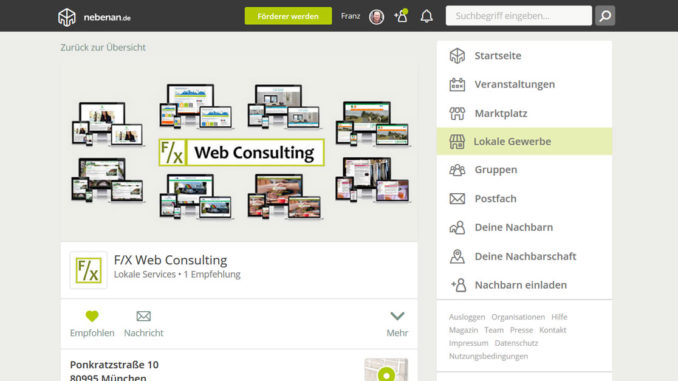 Screenshot: Gewerbeprofil von F/X Web Consulting auf nebenan.de