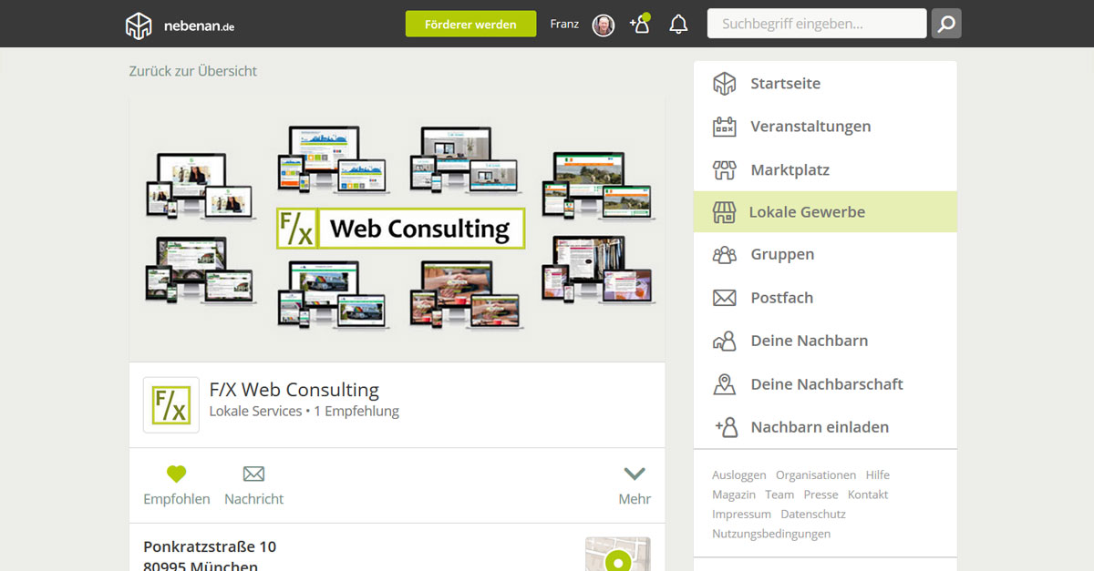 Screenshot: Gewerbeprofil von F/X Web Consulting auf nebenan.de