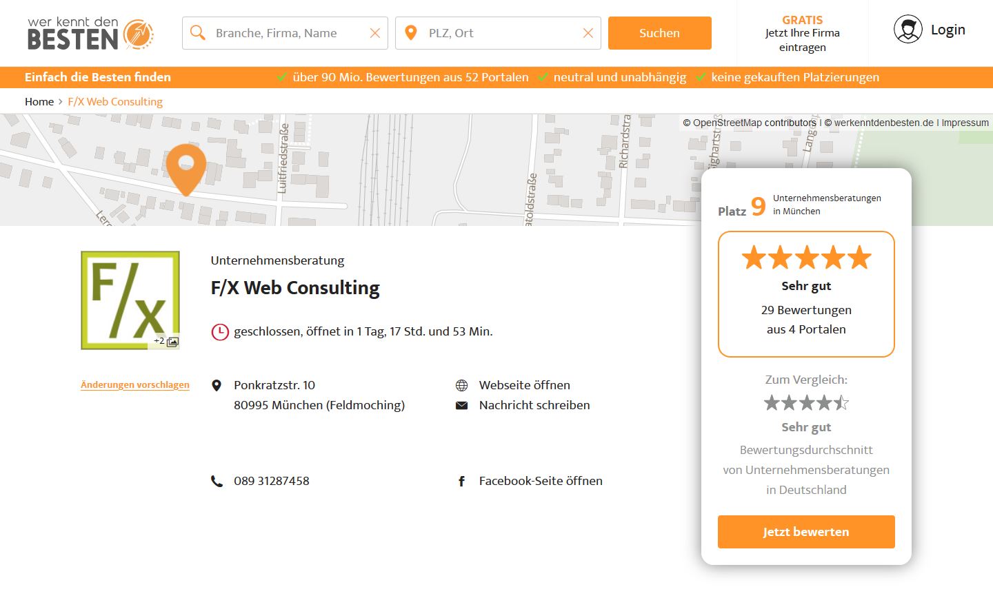 Internetagentur F/X Web Consulting auf Platz 9 der Unternehmensberatungen in München - 29 Bewertungen und Empfehlungen – werkenntdenBESTEN.de